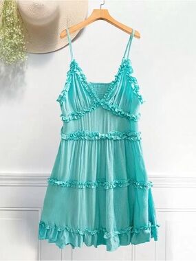 SHEIN Turquoise Ruffle Tiered Mini Dress